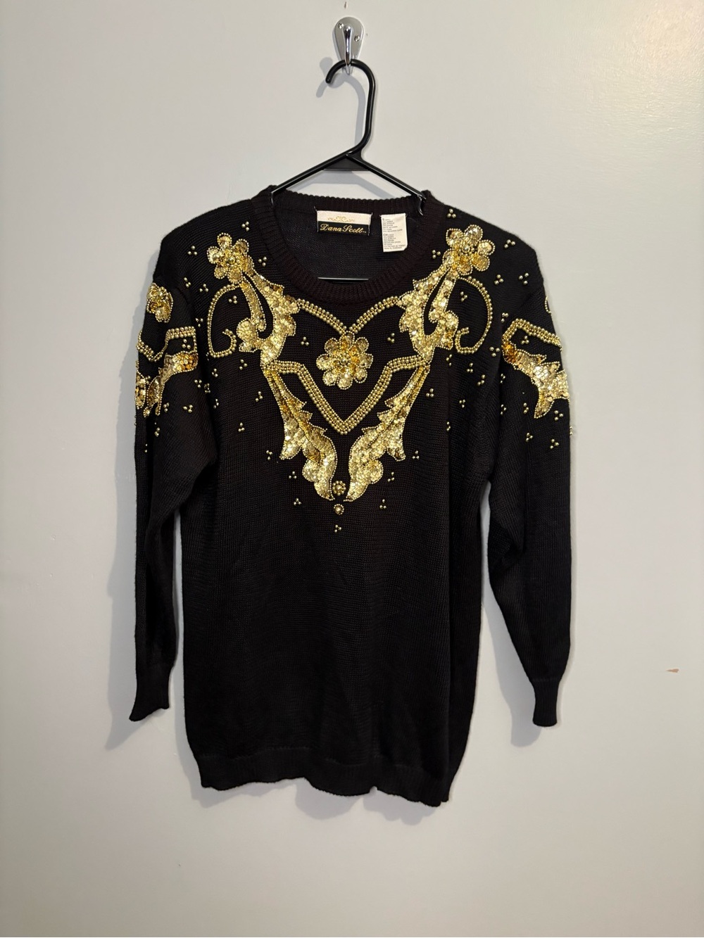 Vintage Dana Scott Black Sweater Gold Sequin Beaded Floral Motif 80s 1980s Fun